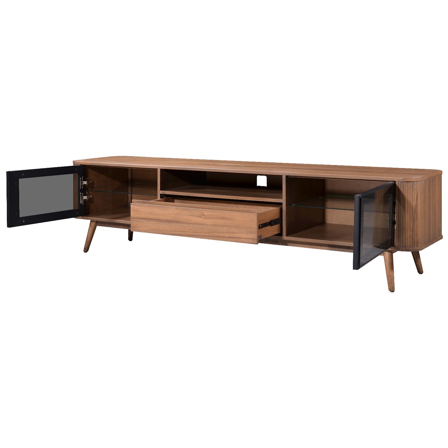 Criterion Denham Entertainment Unit, TV Cabinet 1800mm Semi-Assembled, Solid Rubber Wood Legs Light Walnut Wood Veneer
