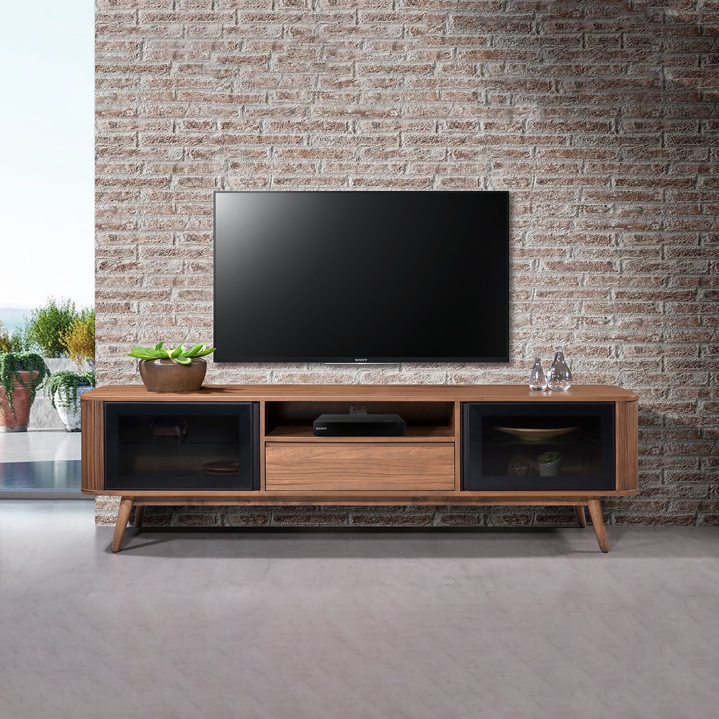 Criterion Denham Entertainment Unit, TV Cabinet 1800mm Semi-Assembled, Solid Rubber Wood Legs Light Walnut Wood Veneer