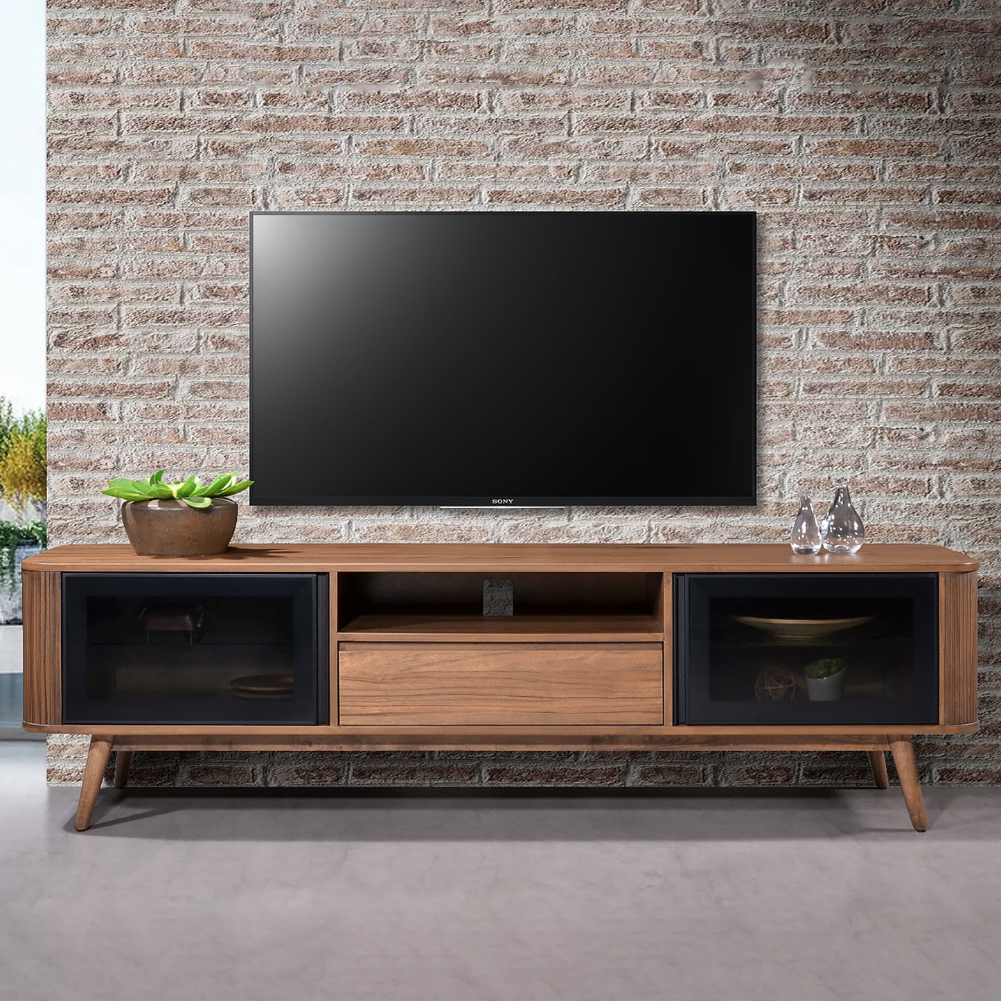 Criterion Denham Entertainment Unit, TV Cabinet 1800mm Semi-Assembled, Solid Rubber Wood Legs Light Walnut Wood Veneer