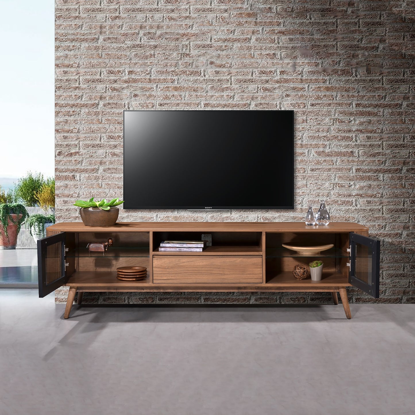 Criterion Denham Entertainment Unit, TV Cabinet 1800mm Semi-Assembled, Solid Rubber Wood Legs Light Walnut Wood Veneer