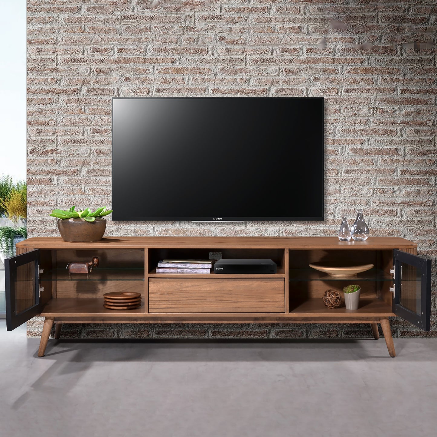 Criterion Denham Entertainment Unit, TV Cabinet 1800mm Semi-Assembled, Solid Rubber Wood Legs Light Walnut Wood Veneer