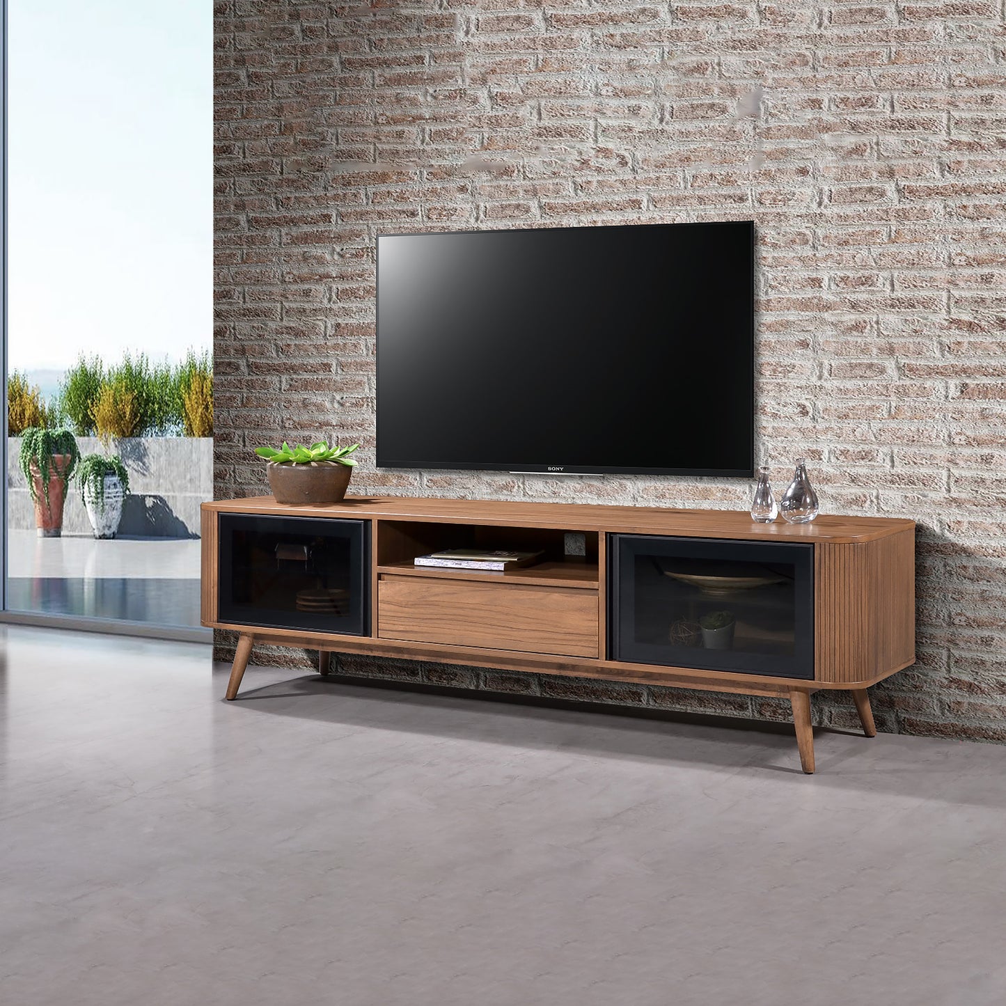 Criterion Denham Entertainment Unit, TV Cabinet 1800mm Semi-Assembled, Solid Rubber Wood Legs Light Walnut Wood Veneer