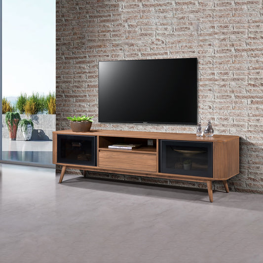 Criterion Denham Entertainment Unit, TV Cabinet 1800mm Semi-Assembled, Solid Rubber Wood Legs Light Walnut Wood Veneer