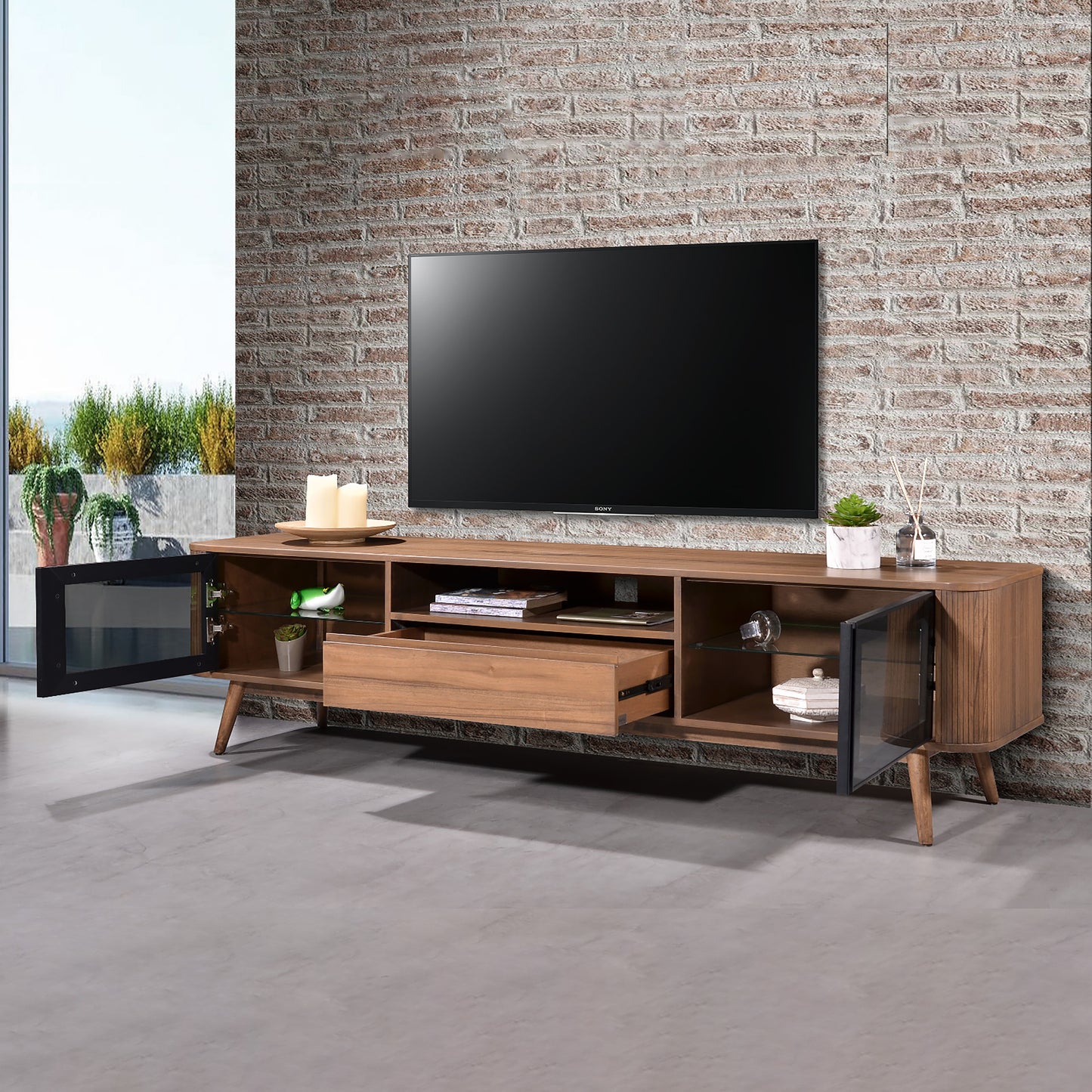 Criterion Denham Entertainment Unit, TV Cabinet 2000mm Semi-Assembled, Solid Rubber Wood Legs Light Walnut Wood Veneer