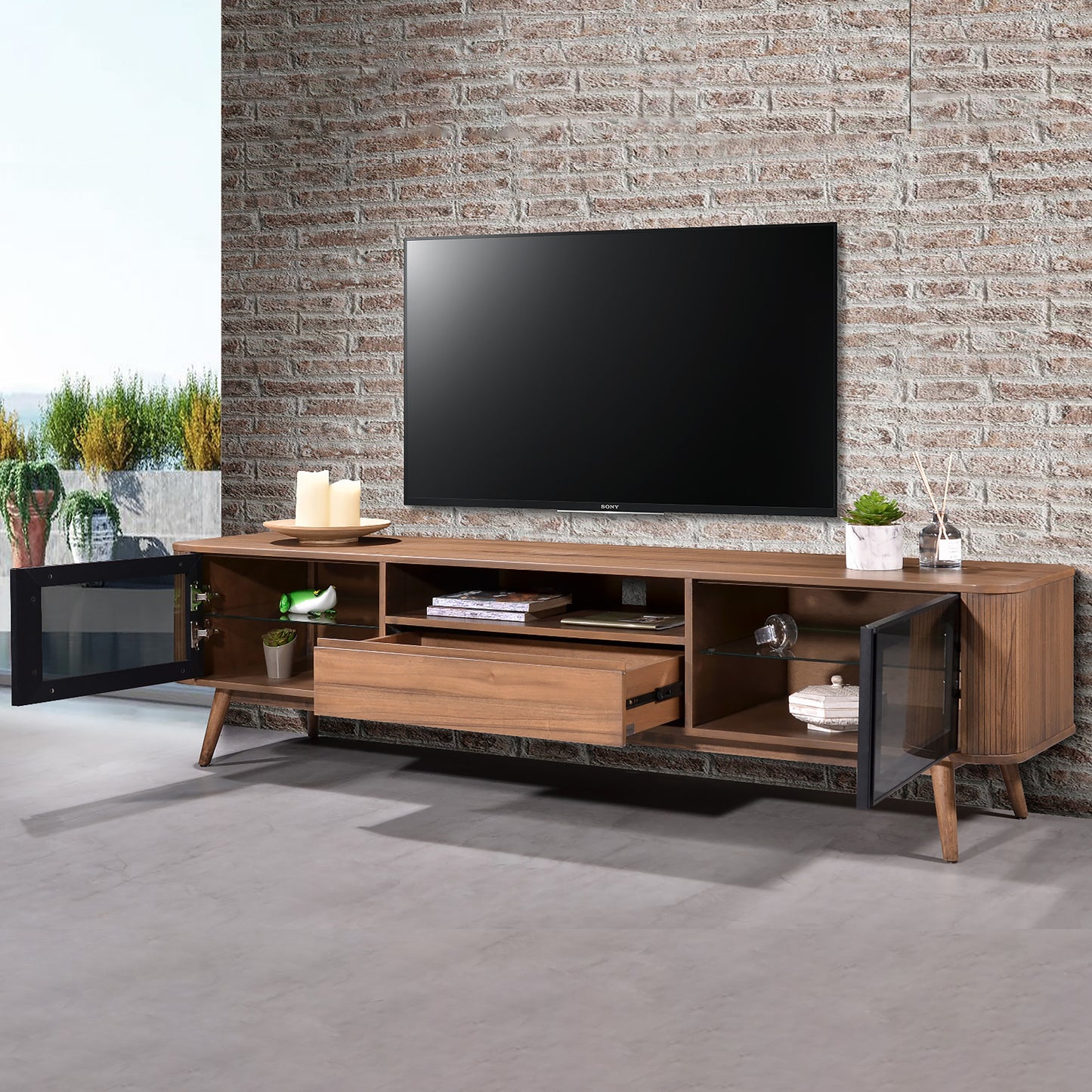 Criterion Denham Entertainment Unit, TV Cabinet 2000mm Semi-Assembled, Solid Rubber Wood Legs Light Walnut Wood Veneer