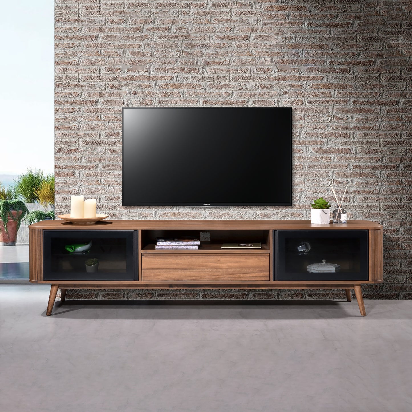 Criterion Denham Entertainment Unit, TV Cabinet 2000mm Semi-Assembled, Solid Rubber Wood Legs Light Walnut Wood Veneer