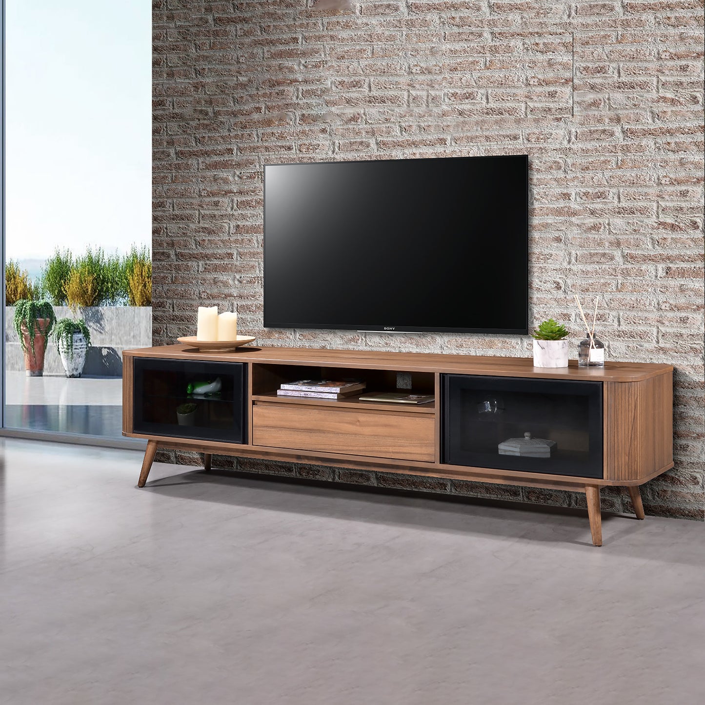 Criterion Denham Entertainment Unit, TV Cabinet 2000mm Semi-Assembled, Solid Rubber Wood Legs Light Walnut Wood Veneer
