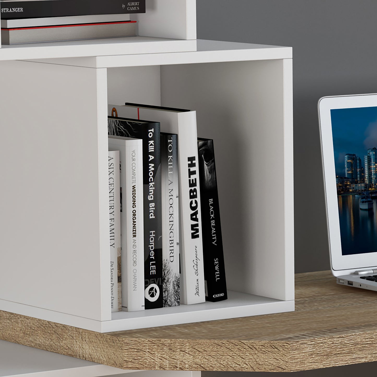 Criterion Interlace Desk 1340mm, Built in Shelf Unit, Oak