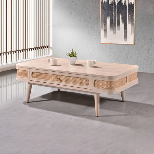 Criterion Jurien Coffee Table 1200mm Semi-Assembled, Solid Rubber Wood Construction Rattan and White Chocolate