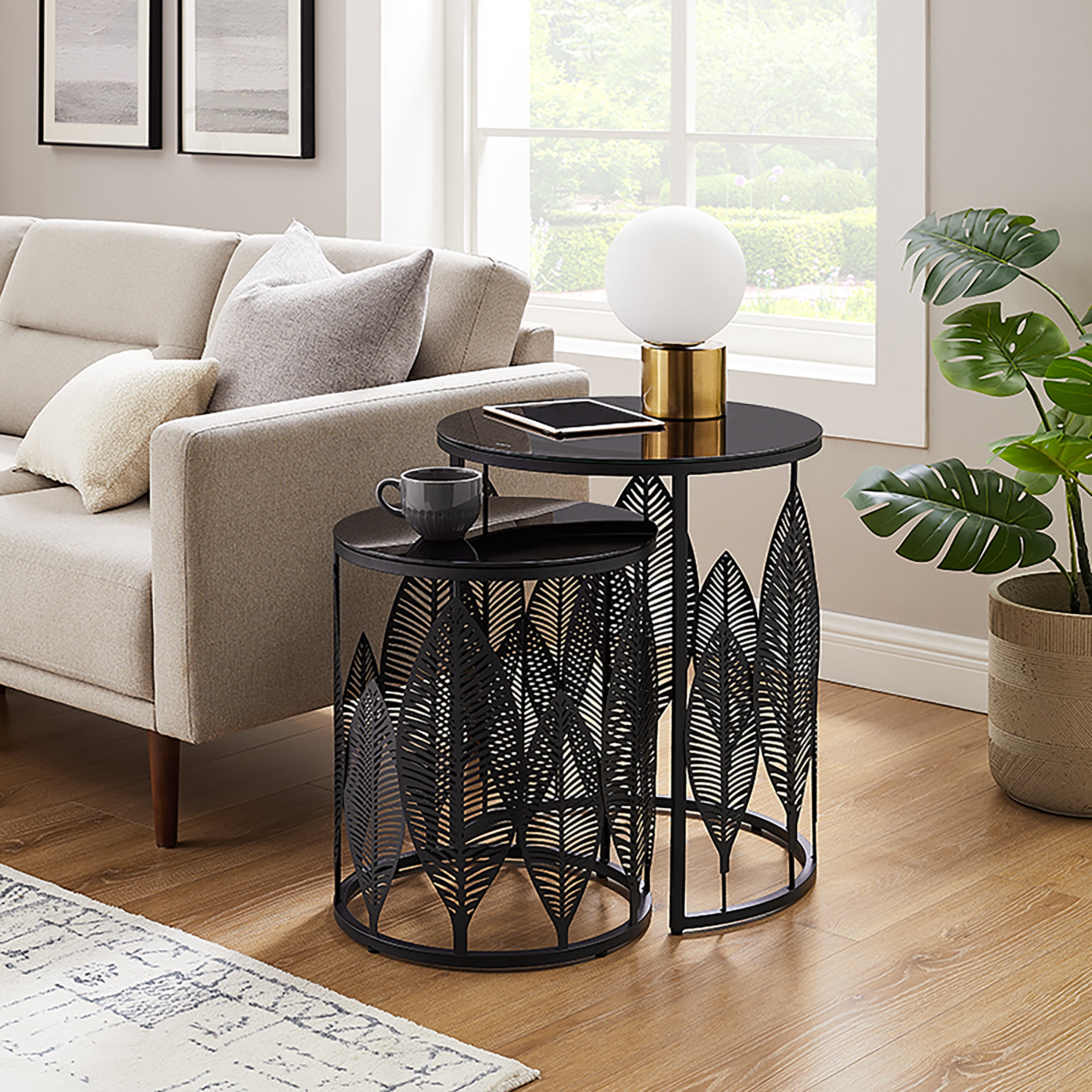 Criterion Leaf Nested Set Coffee Tables 520mm Black Glass Top, Metal F ...