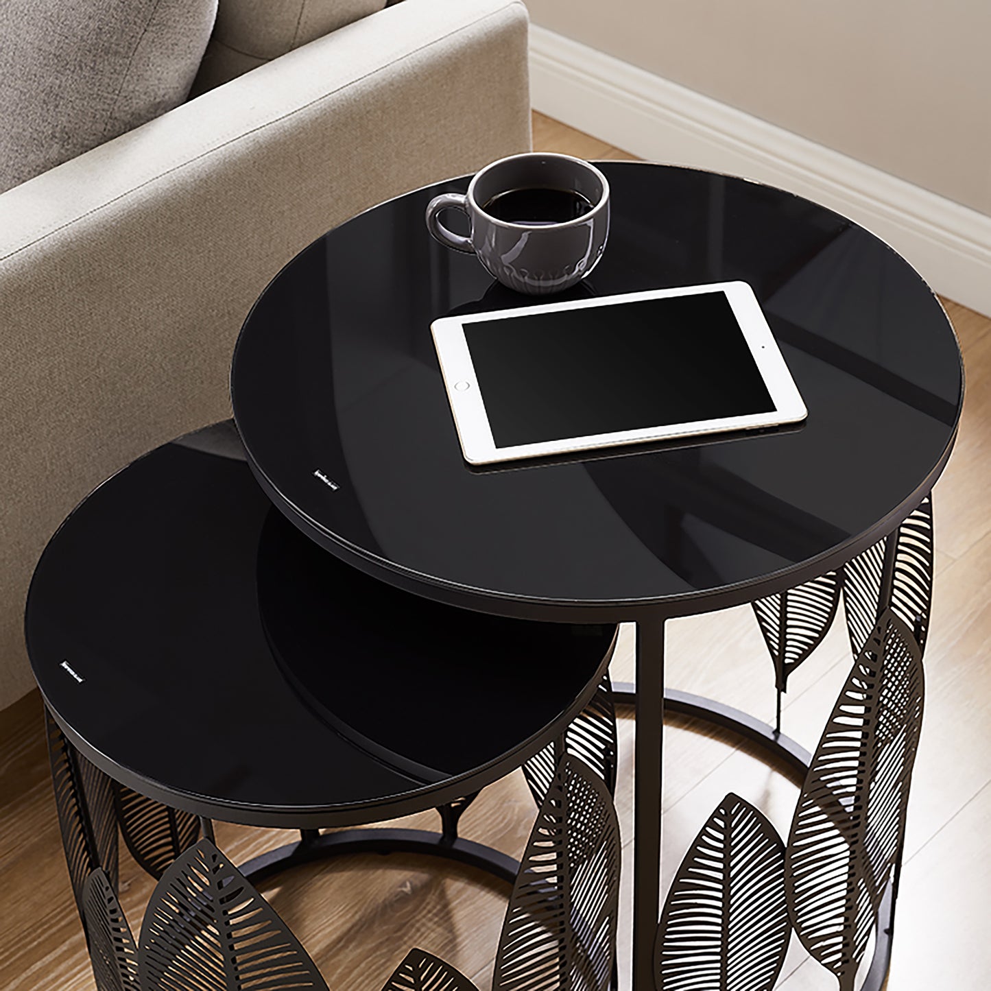 Criterion Leaf Nested Set Coffee Tables 520mm Black Glass Top, Metal Frame Black