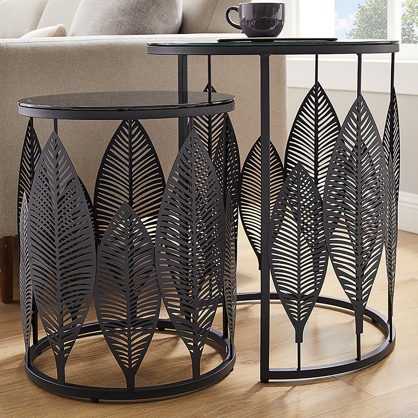 Criterion Leaf Nested Set Coffee Tables 520mm Black Glass Top, Metal Frame Black