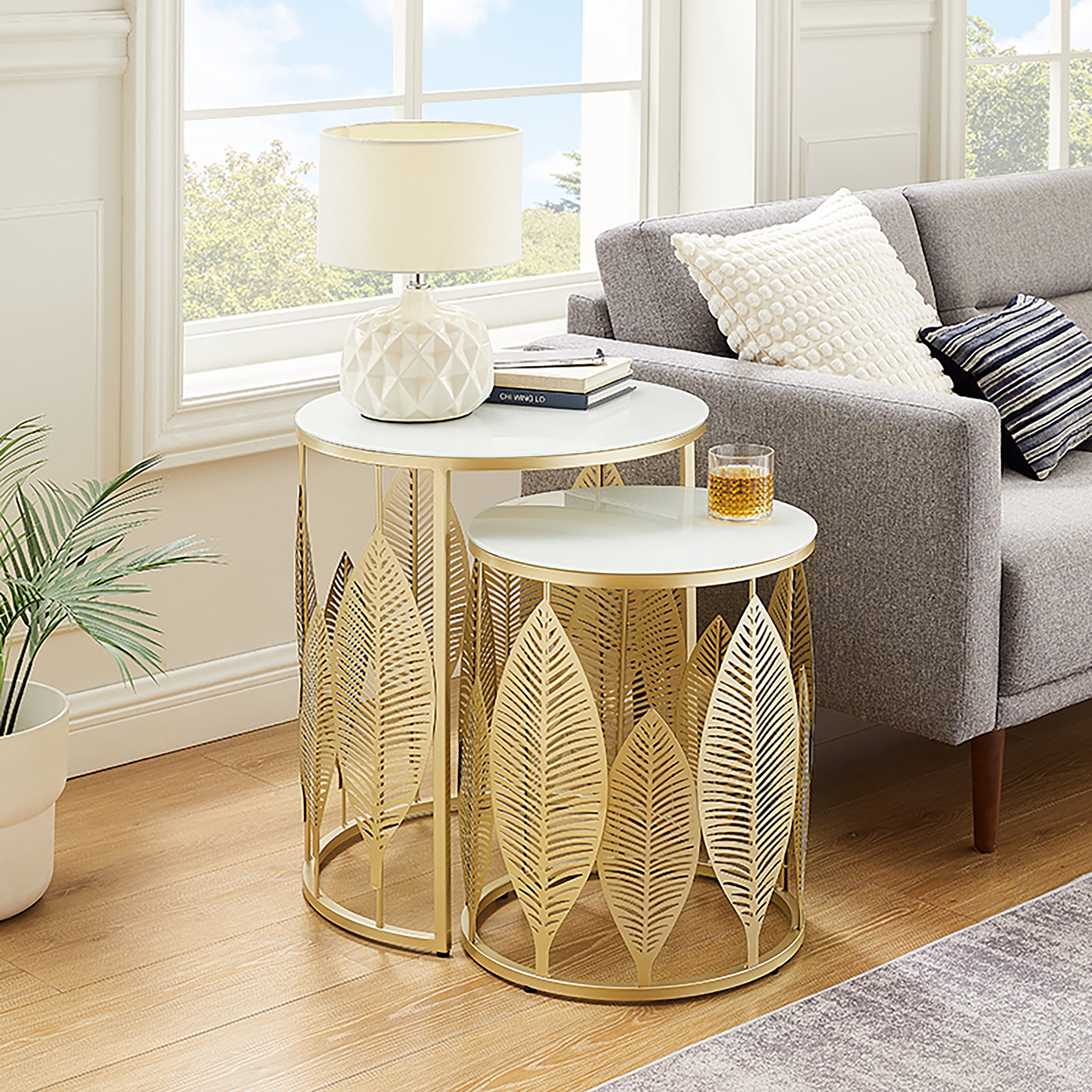 Criterion Leaf Nested Set Coffee Tables 520mm White Glass Top, Metal F ...