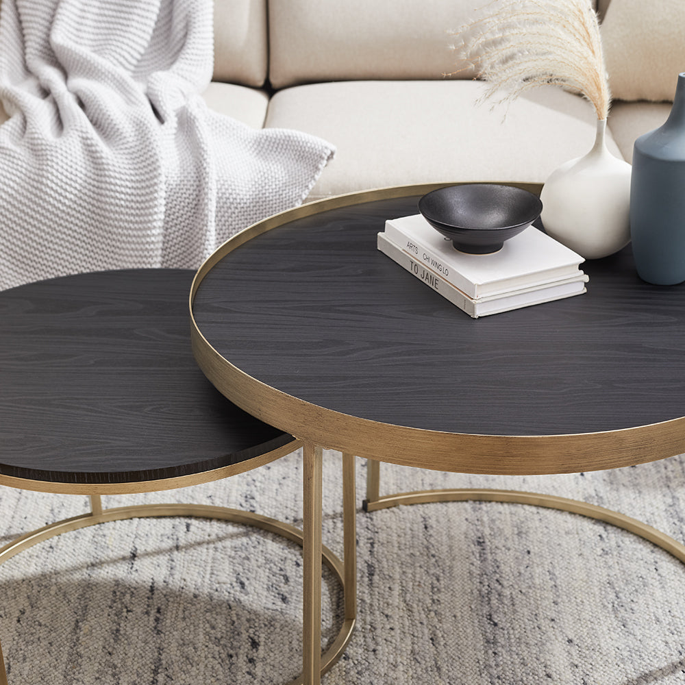 Criterion Nested Set Coffee Tables 760mm Gold Metal Frame Dark Oak