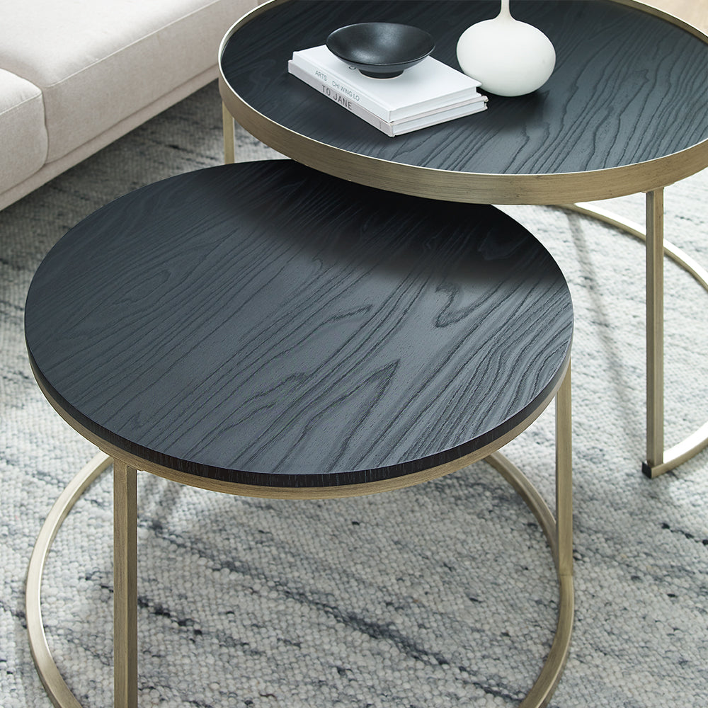 Criterion Nested Set Coffee Tables 760mm Gold Metal Frame Dark Oak