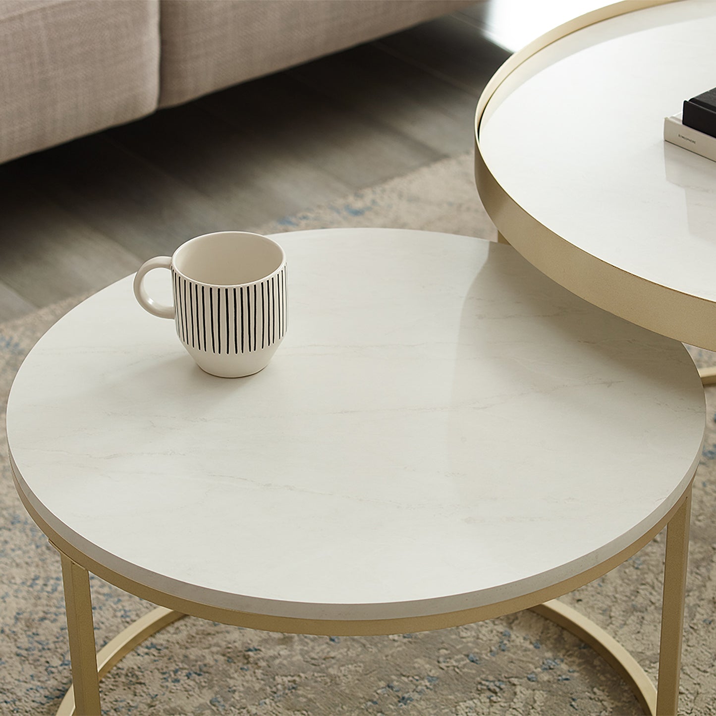Criterion Nested Set Coffee Tables 760mm Champagne Gold Metal Frame White Marble Look Top