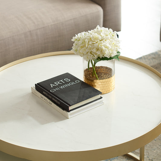 Criterion Nested Set Coffee Tables 760mm Champagne Gold Metal Frame White Marble Look Top