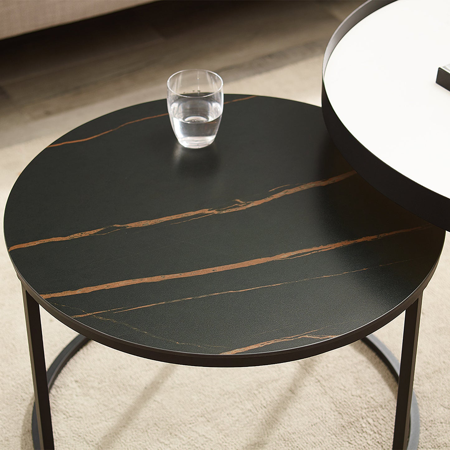 Criterion Nested Set Coffee Tables 760mm Carbon Steel Frame White & Black Sintered Stone Tops