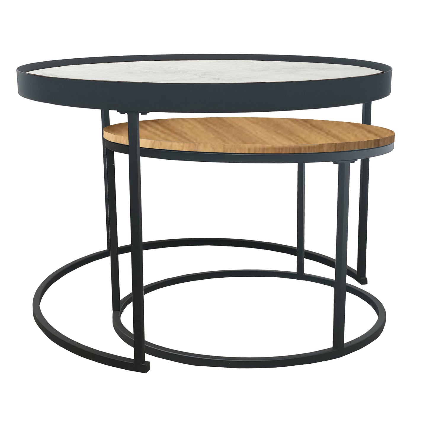 Criterion Nested Set Coffee Tables 760mm Black Metal Frame Large White Marble Look, Small English Oak