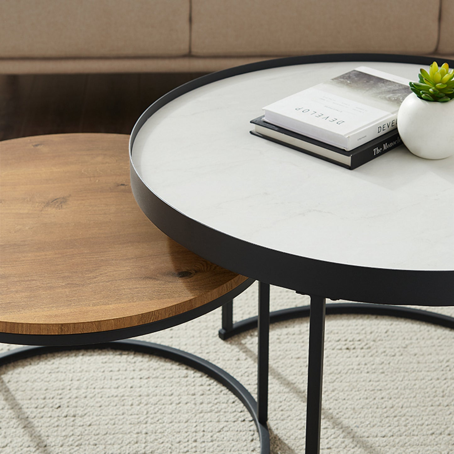 Criterion Nested Set Coffee Tables 760mm Black Metal Frame Large White Marble Look, Small English Oak