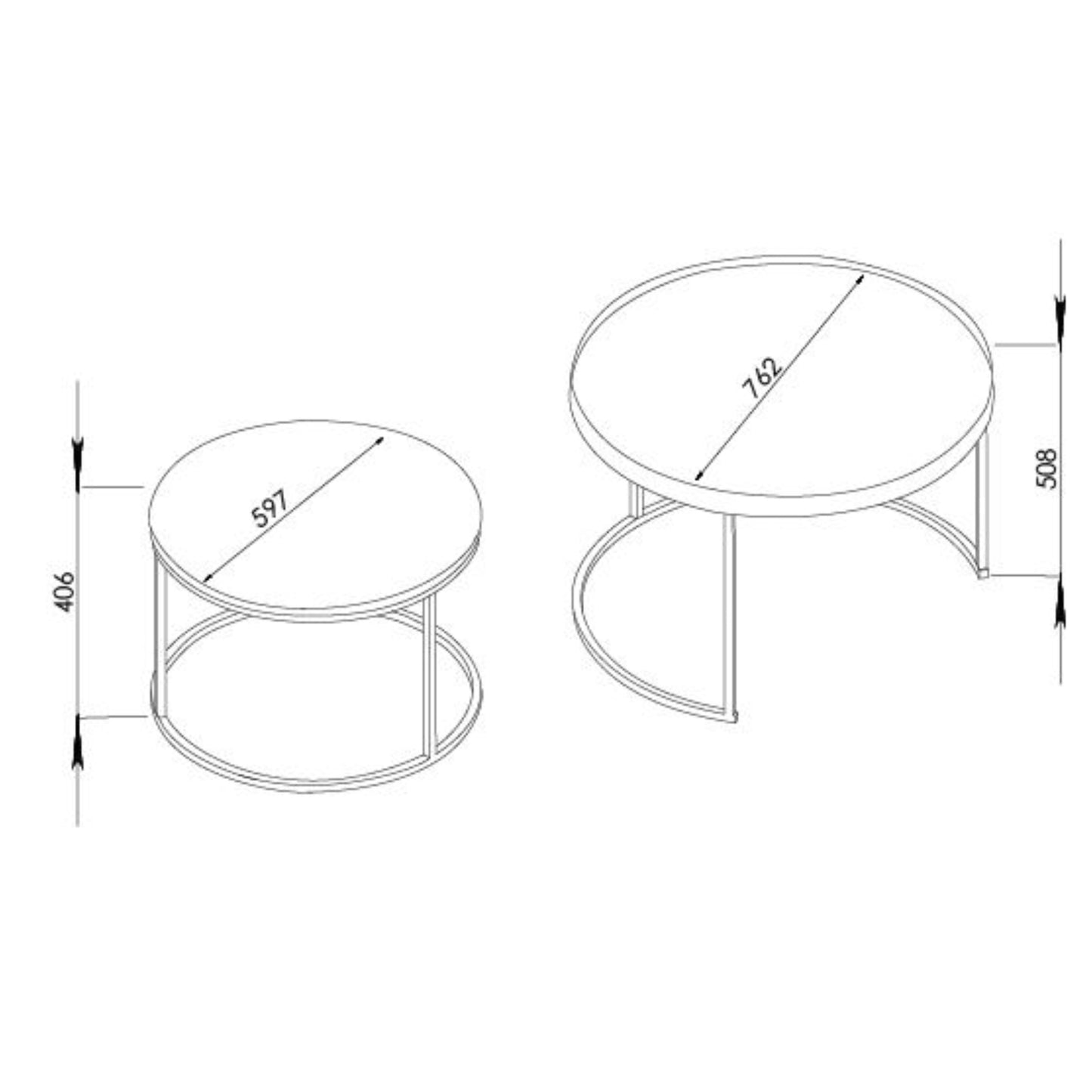 Criterion Nested Set Coffee Tables 760mm Black Metal Frame Large White Marble Look, Small English Oak