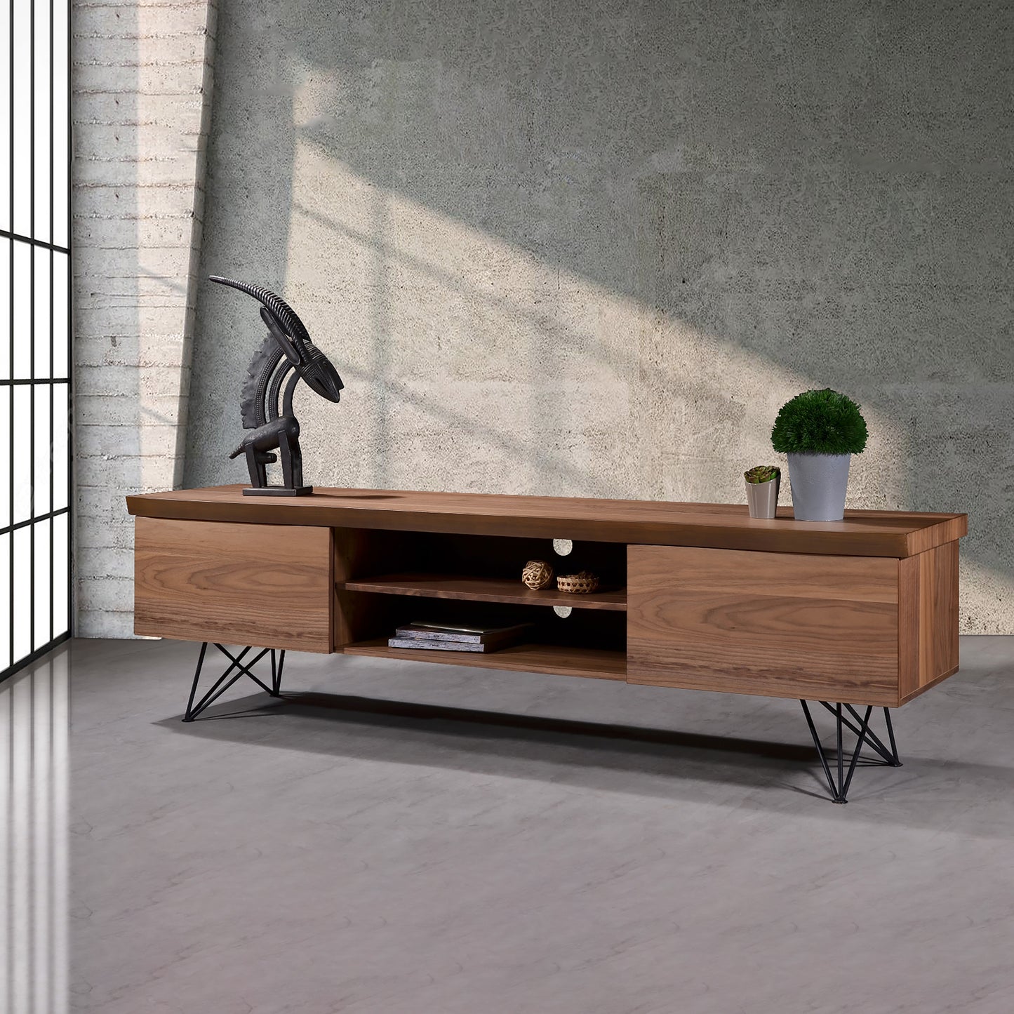 Criterion Onslow Entertainment Unit, TV Cabinet 2000mm Semi-Assembled, Powder Coated Steel Legs Natural Walnut