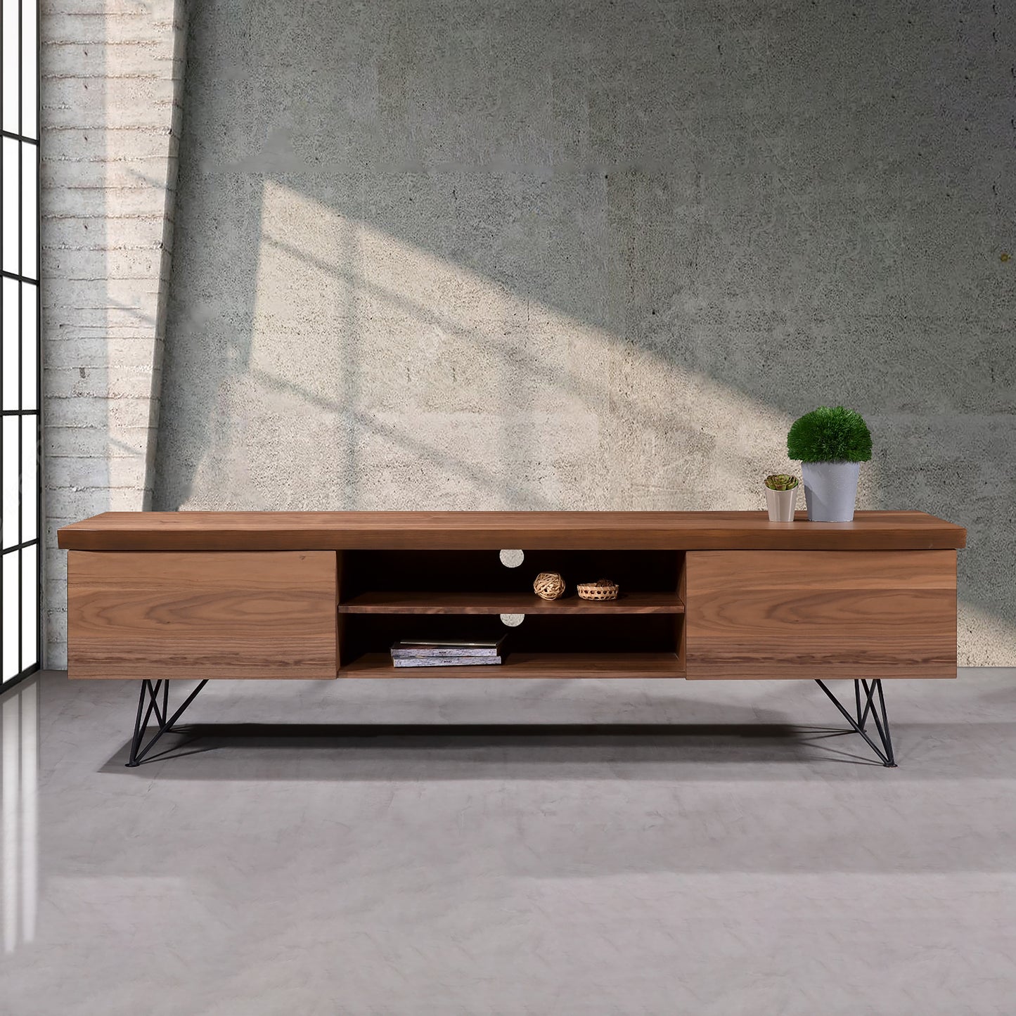 Criterion Onslow Entertainment Unit, TV Cabinet 2000mm Semi-Assembled, Powder Coated Steel Legs Natural Walnut