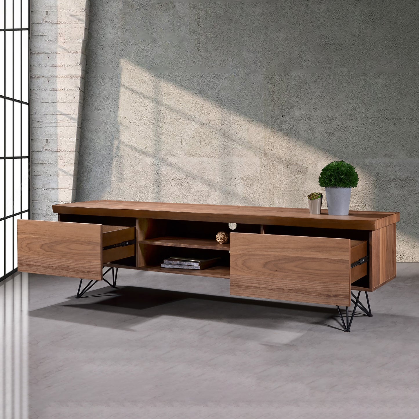 Criterion Onslow Entertainment Unit, TV Cabinet 2000mm Semi-Assembled, Powder Coated Steel Legs Natural Walnut