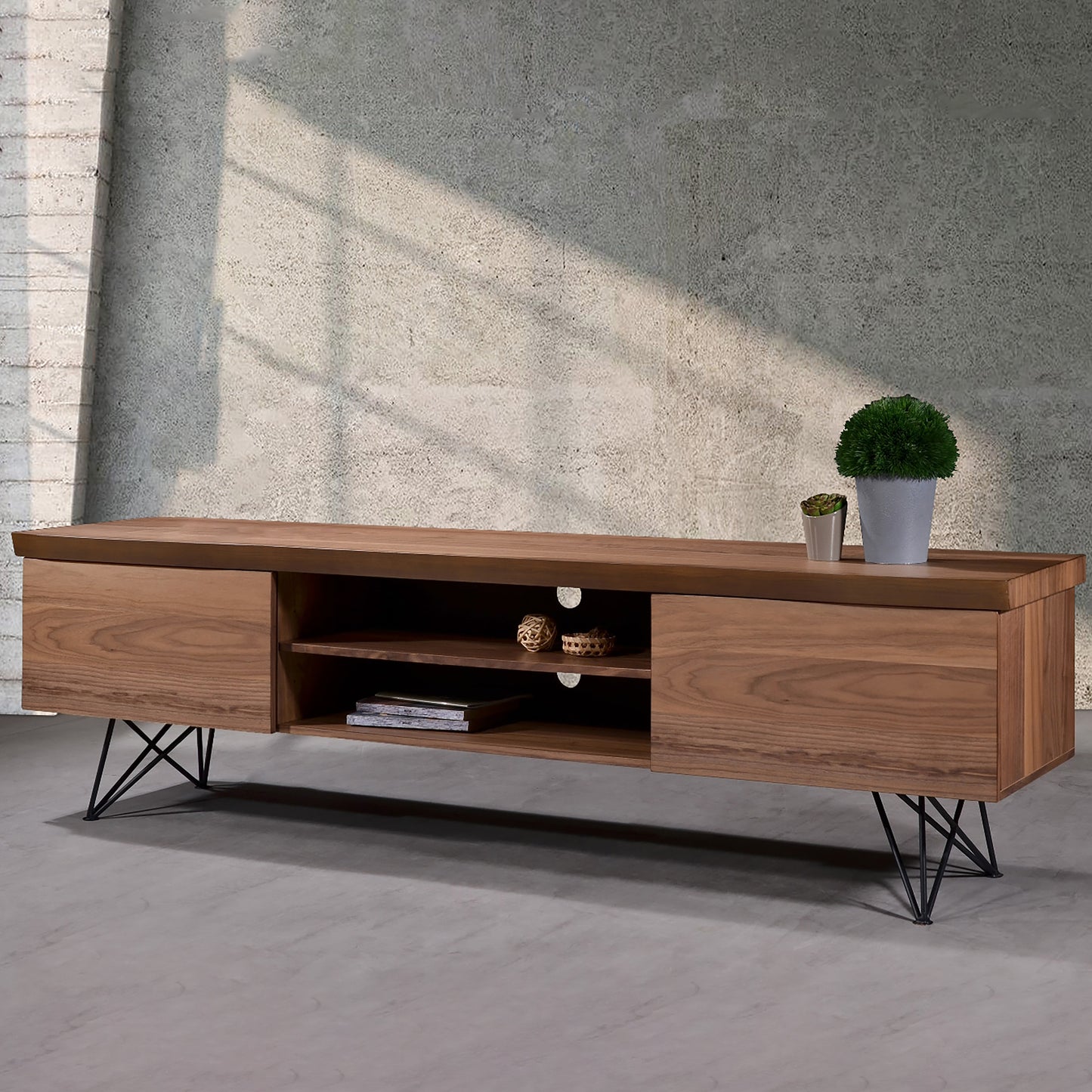 Criterion Onslow Entertainment Unit, TV Cabinet 2000mm Semi-Assembled, Powder Coated Steel Legs Natural Walnut