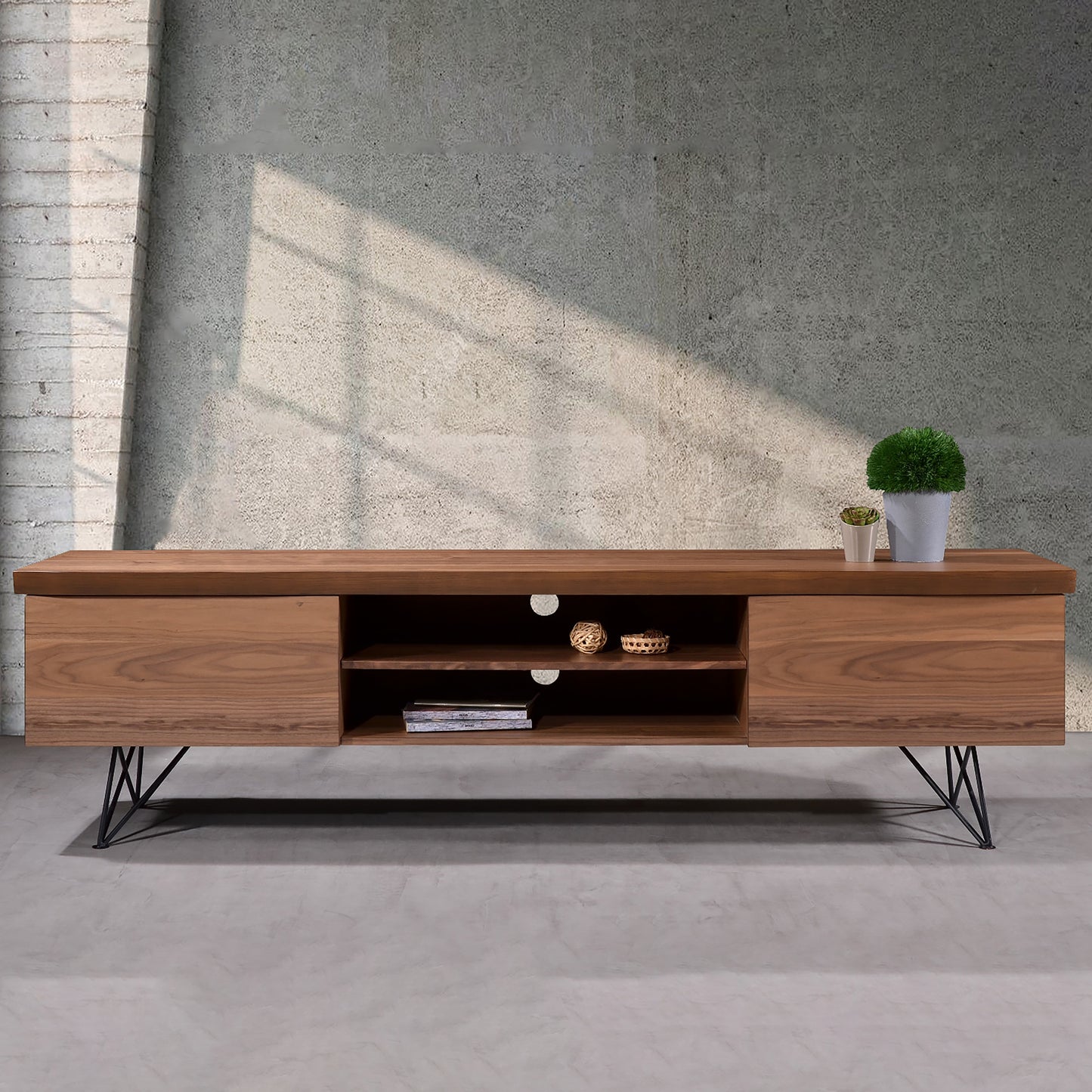 Criterion Onslow Entertainment Unit, TV Cabinet 2000mm Semi-Assembled, Powder Coated Steel Legs Natural Walnut