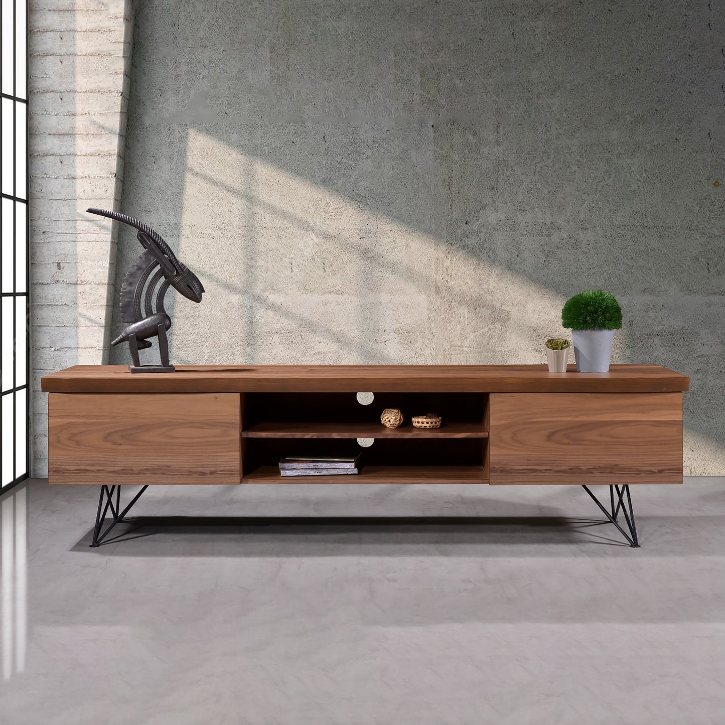 Criterion Onslow Entertainment Unit, TV Cabinet 2000mm Semi-Assembled, Powder Coated Steel Legs Natural Walnut