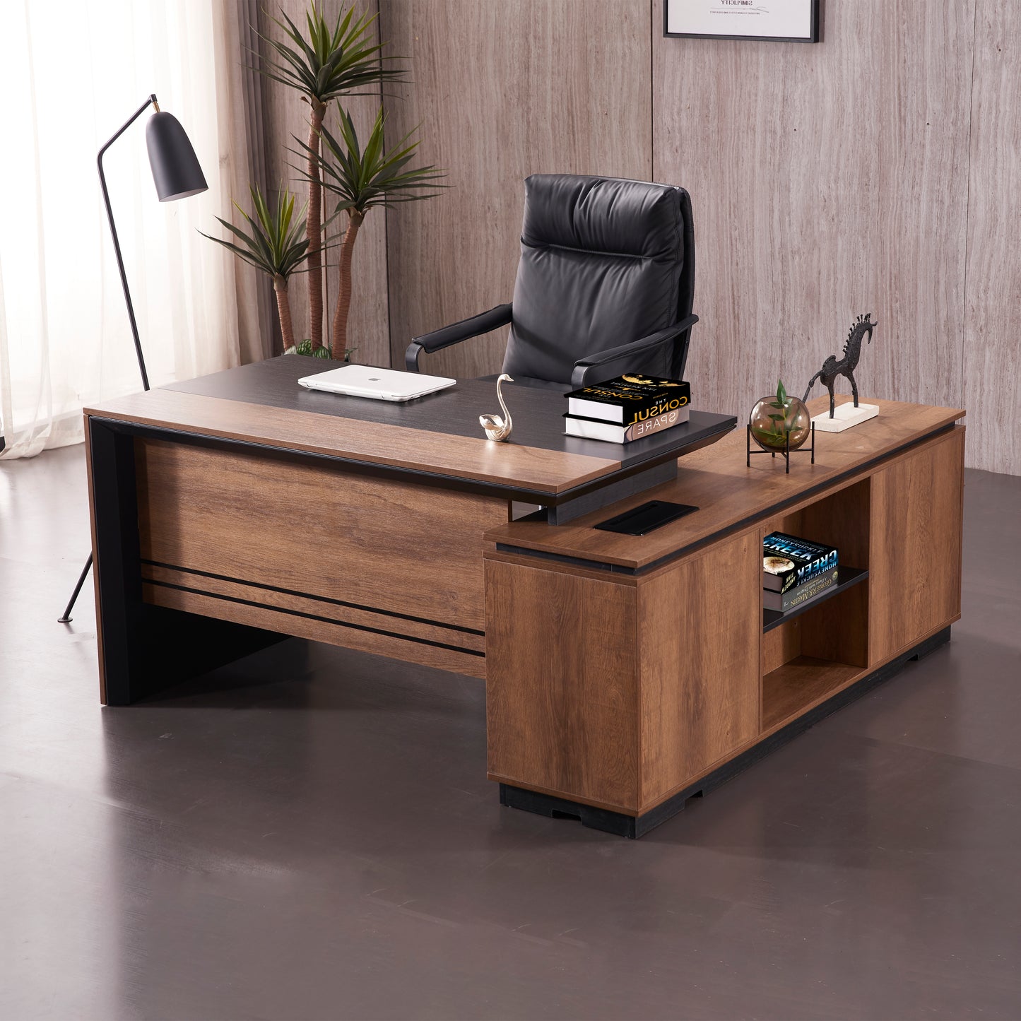 Criterion Mentor Executive Desk 1600mm Dark Oak Black Left Hand Return