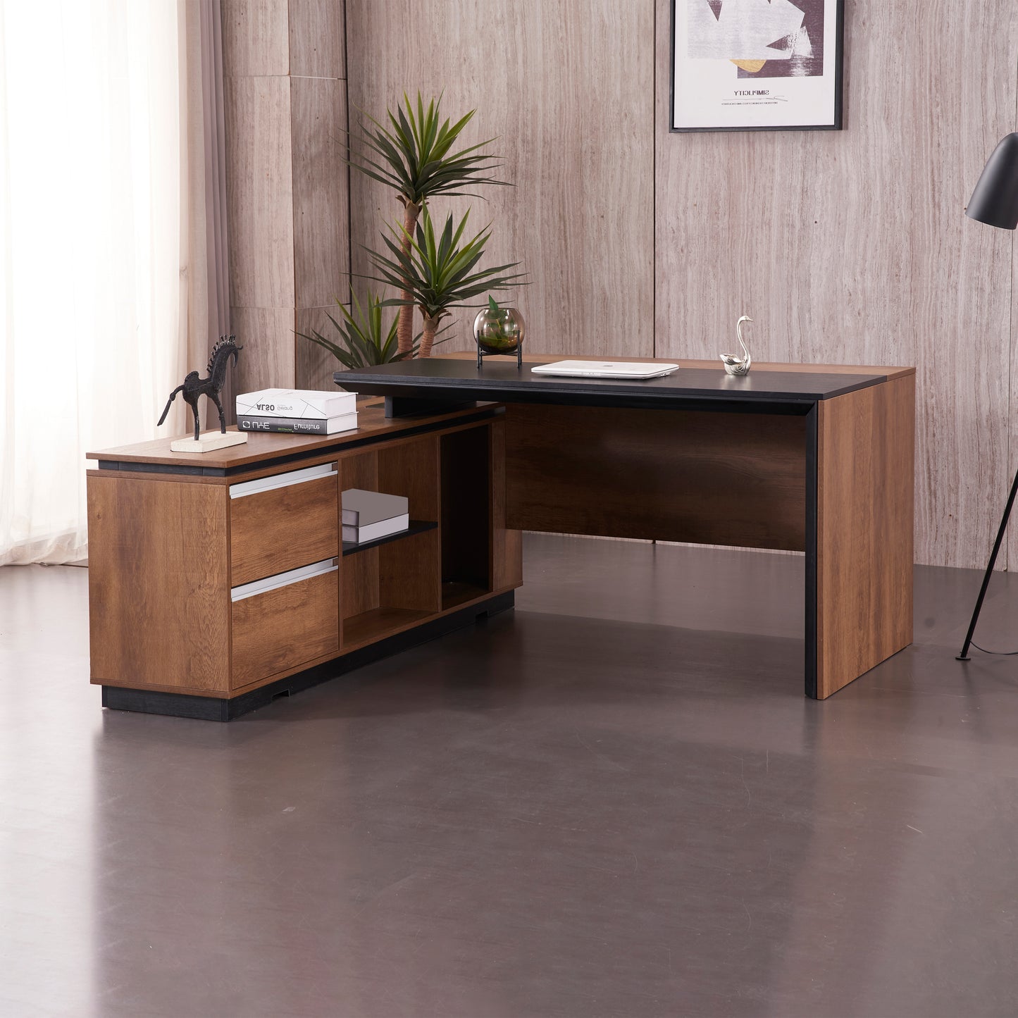 Criterion Mentor Executive Desk 1600mm Dark Oak Black Left Hand Return