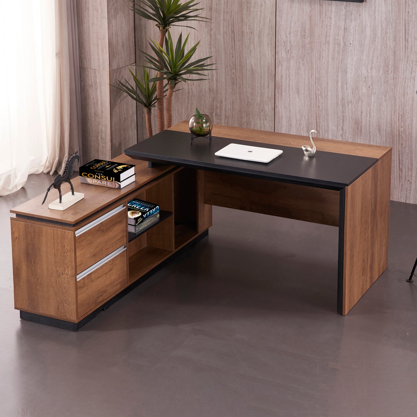 Criterion Mentor Executive Desk 1600mm Dark Oak Black Left Hand Return