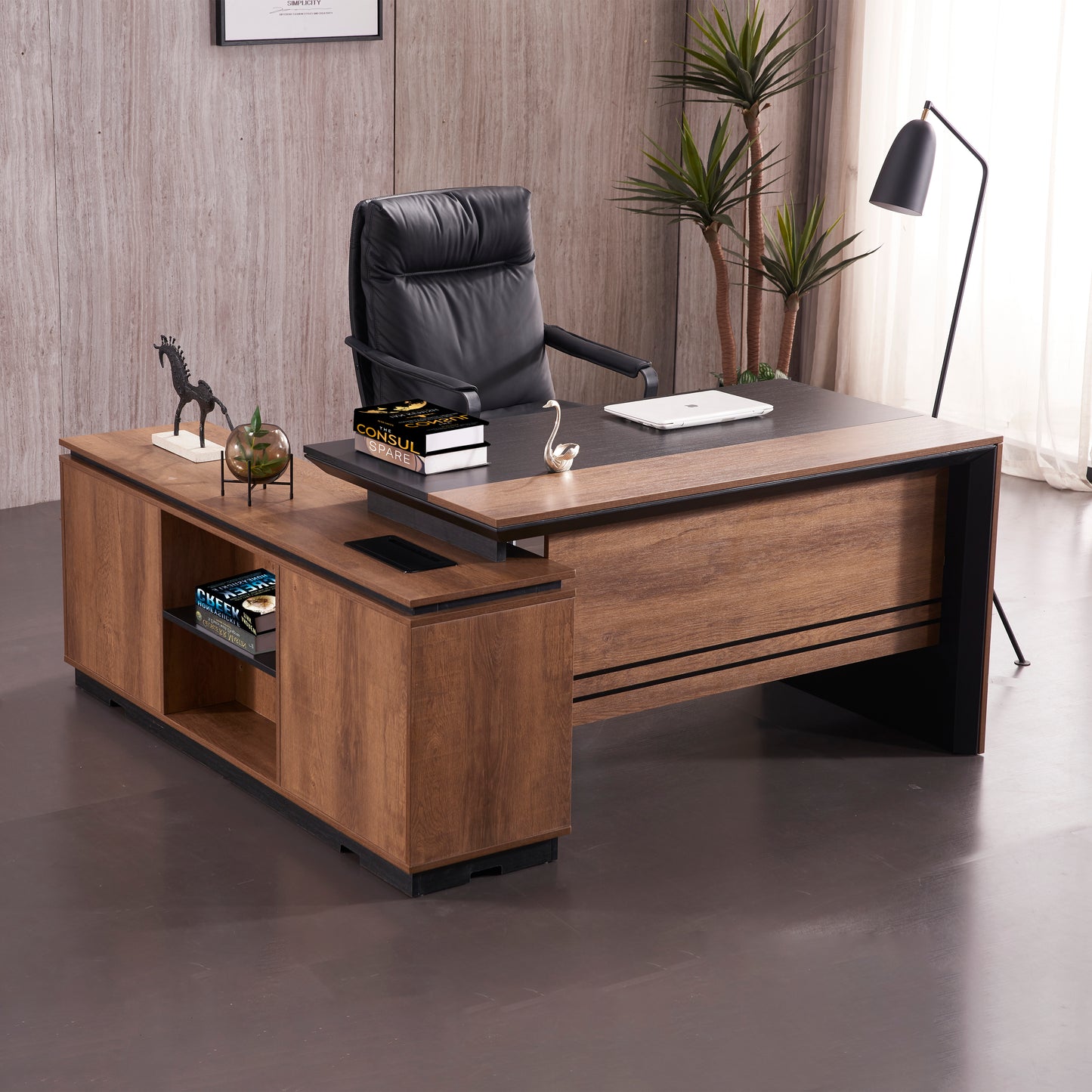 Criterion Mentor Executive Desk 1600mm Dark Oak Black  Right Hand Return