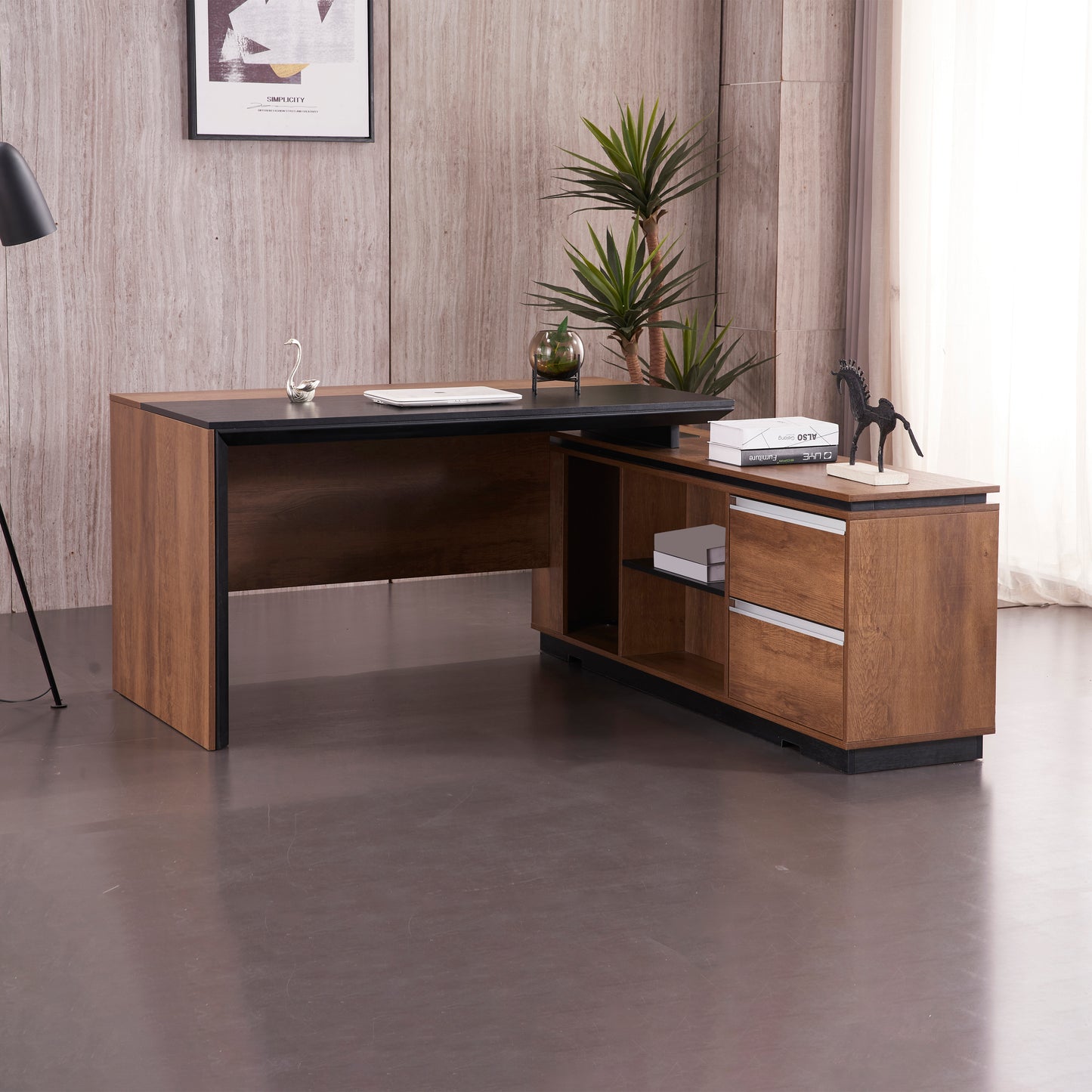 Criterion Mentor Executive Desk 1600mm Dark Oak Black  Right Hand Return