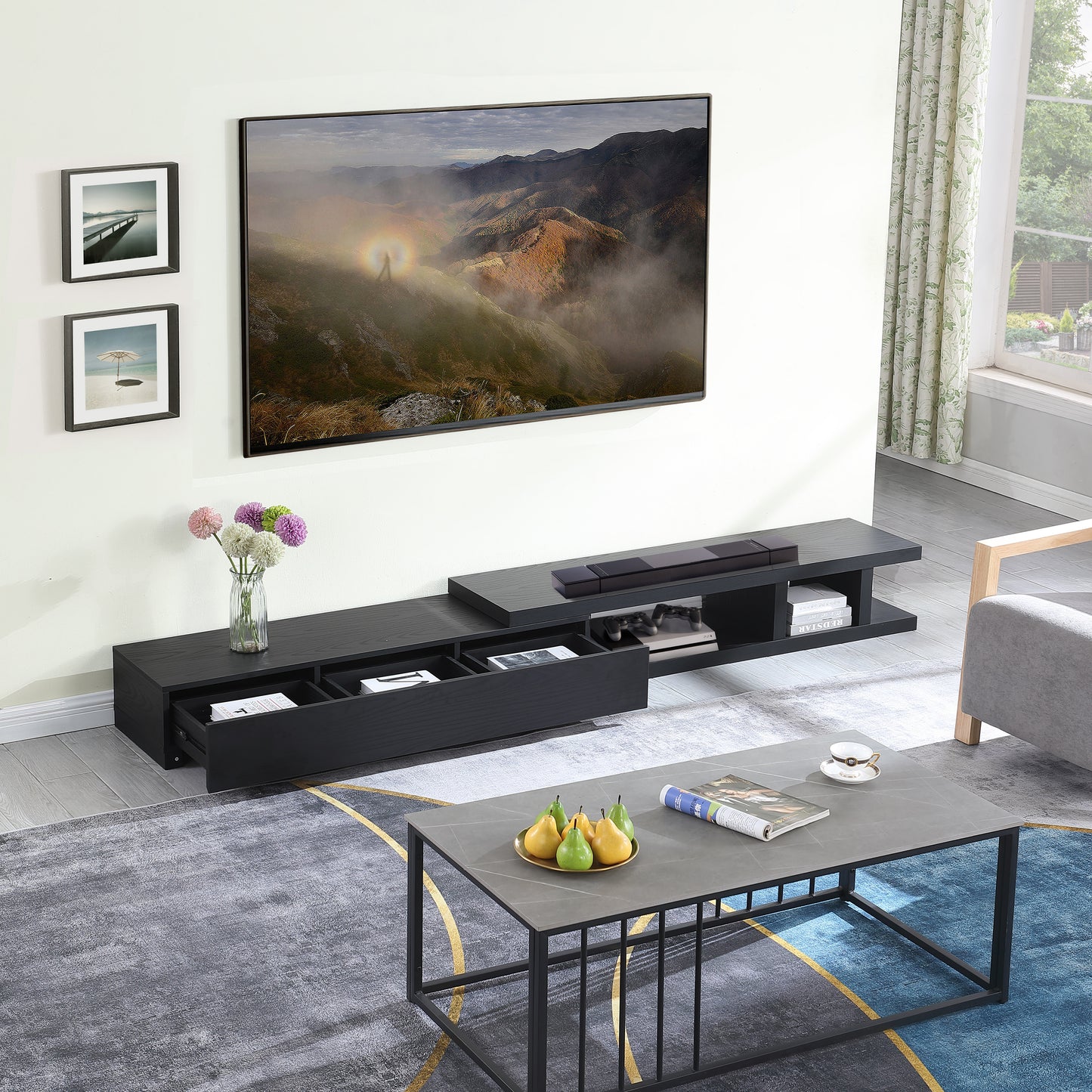 Criterion Conventry Extendable TV Unit, Entertainment Cabinet, 239cm Low Line Black Oak Lifestyle Image