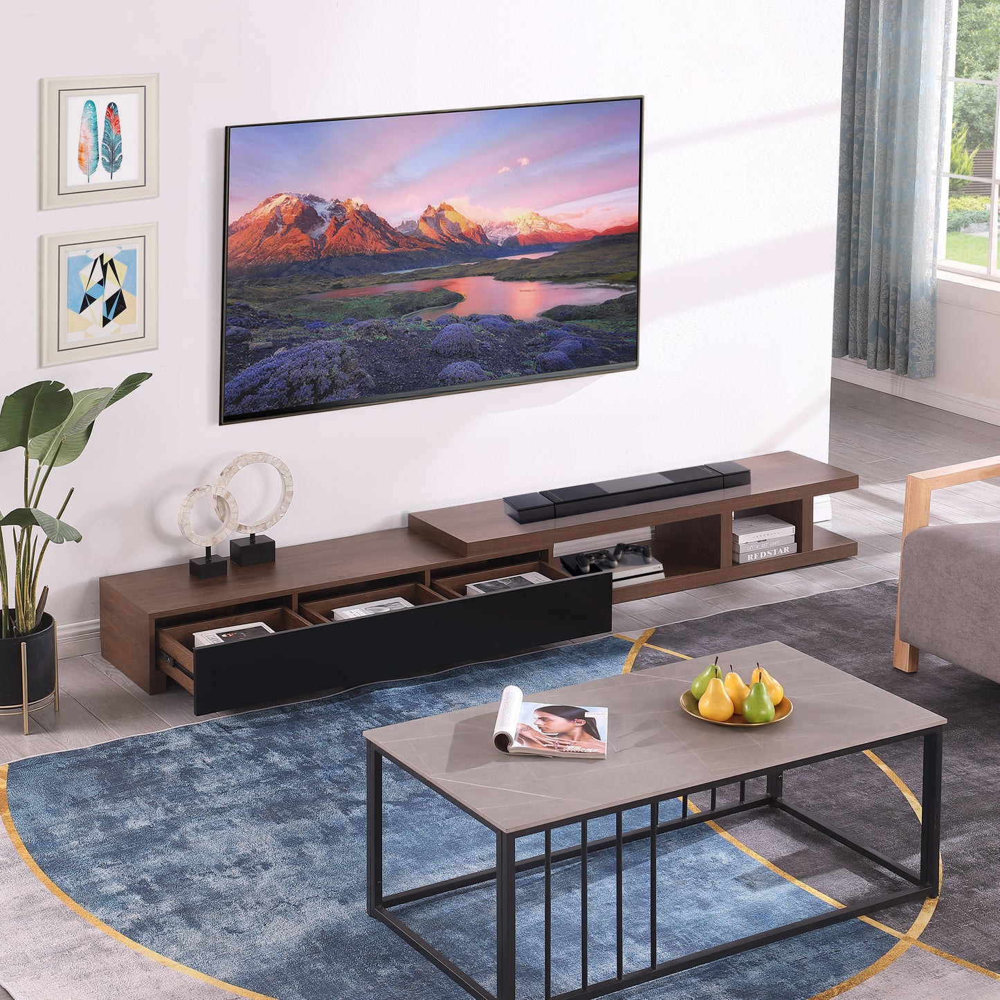 Criterion Conventry Extendable TV Unit, Entertainment Cabinet, 239cm Low Line Dark Oak Lifestyle Image