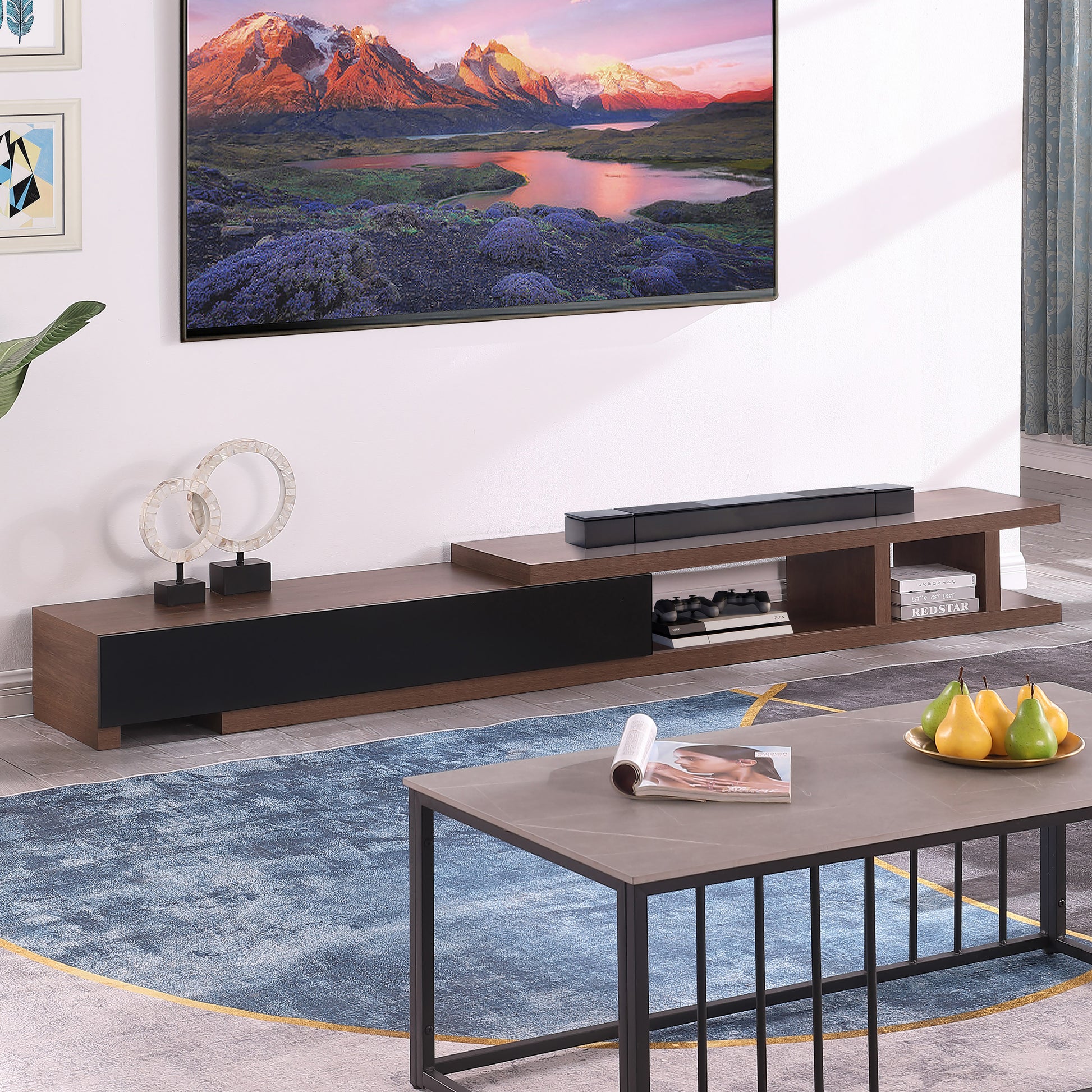 Criterion Conventry Extendable TV Unit, Entertainment Cabinet, 239cm Low Line Dark Oak Lifestyle Image