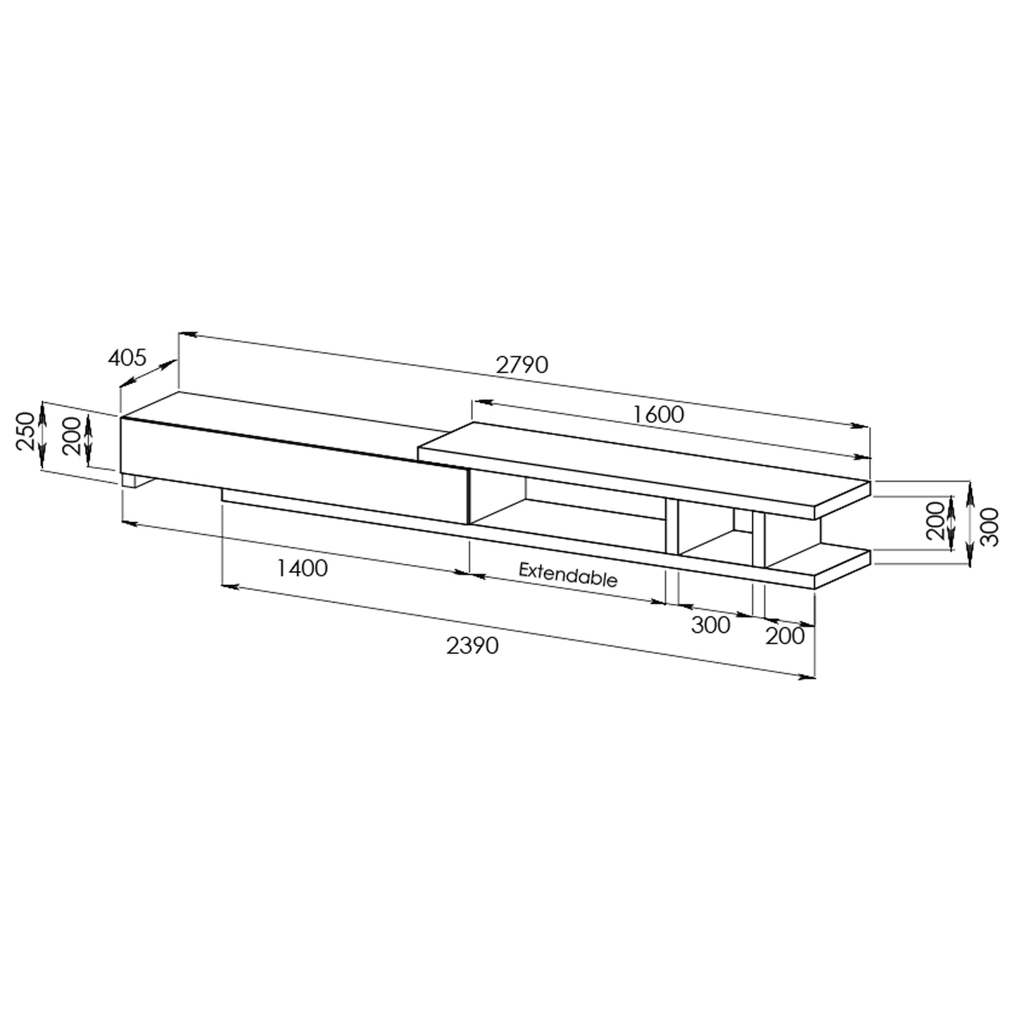 Criterion Conventry Extendable TV Unit, Entertainment Cabinet, 239cm Low Line Dark Oak