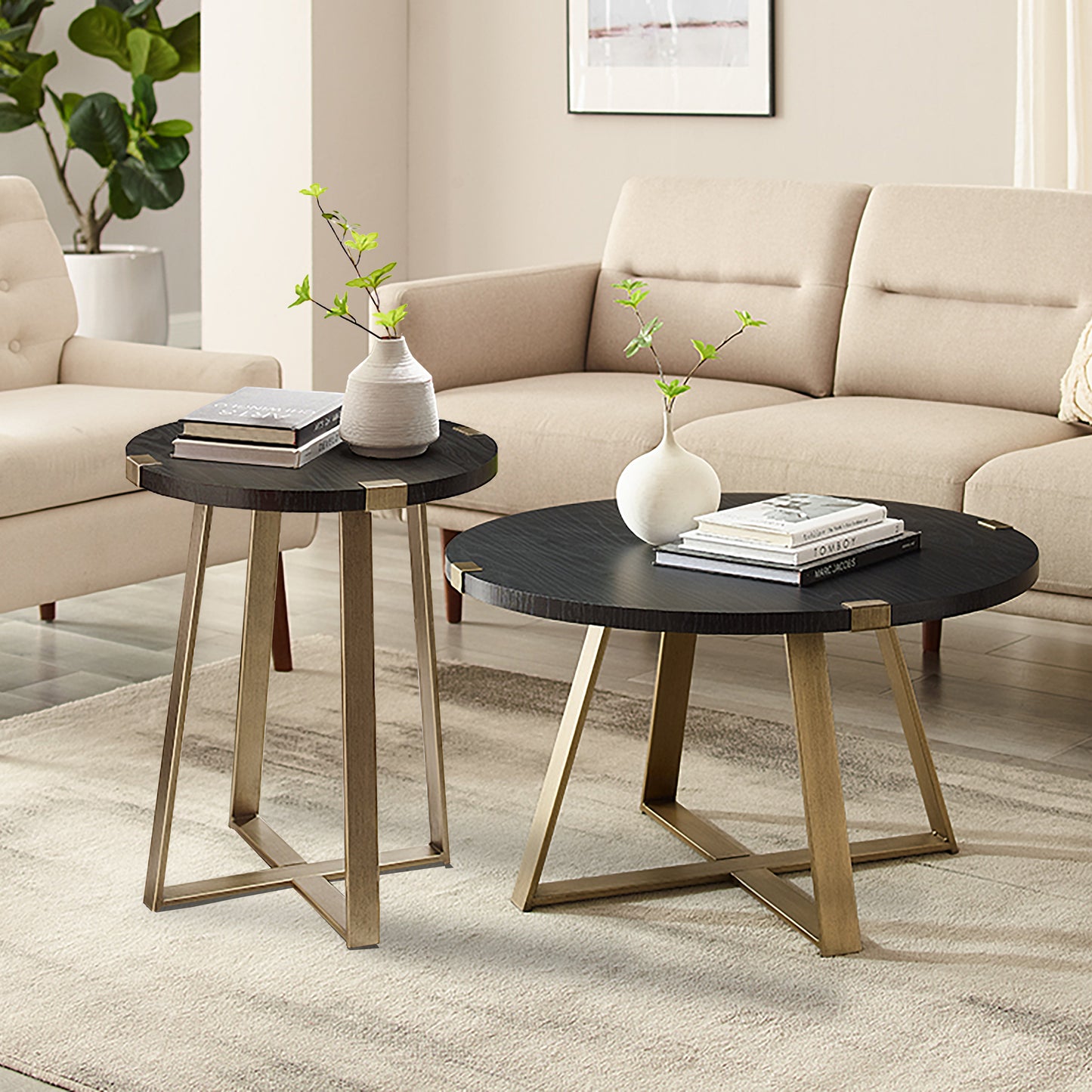 Criterion Capri Coffee Tables 770mm Round Table, Gold Metal Leg and Metal Highlights Black Oak