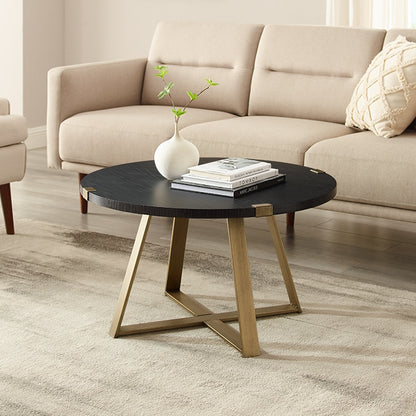 Criterion Capri Coffee Tables 770mm Round Table, Gold Metal Leg and Metal Highlights Black Oak