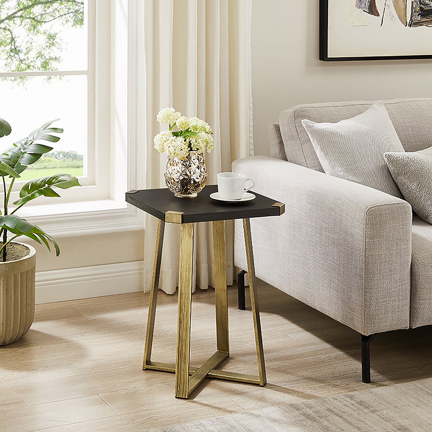 Criterion Capri Side Table 400mm Square Table, Gold Metal Leg and Metal Highlights Black Oak