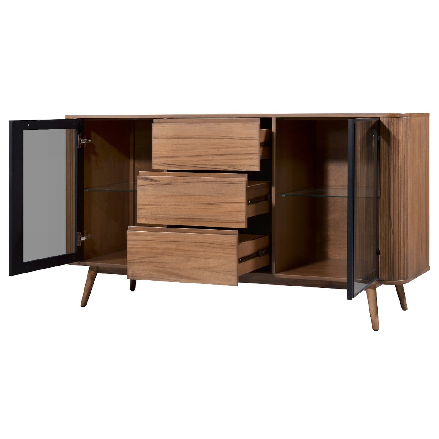 Criterion Denham Buffet, Side Board 1600mm Semi-Assembled, Solid Rubber Wood Legs Light Walnut Wood Veneer