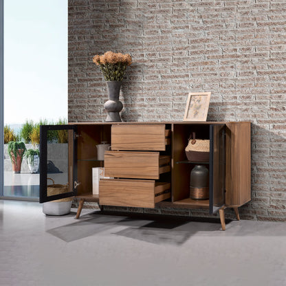Criterion Denham Buffet, Side Board 1600mm Semi-Assembled, Solid Rubber Wood Legs Light Walnut Wood Veneer