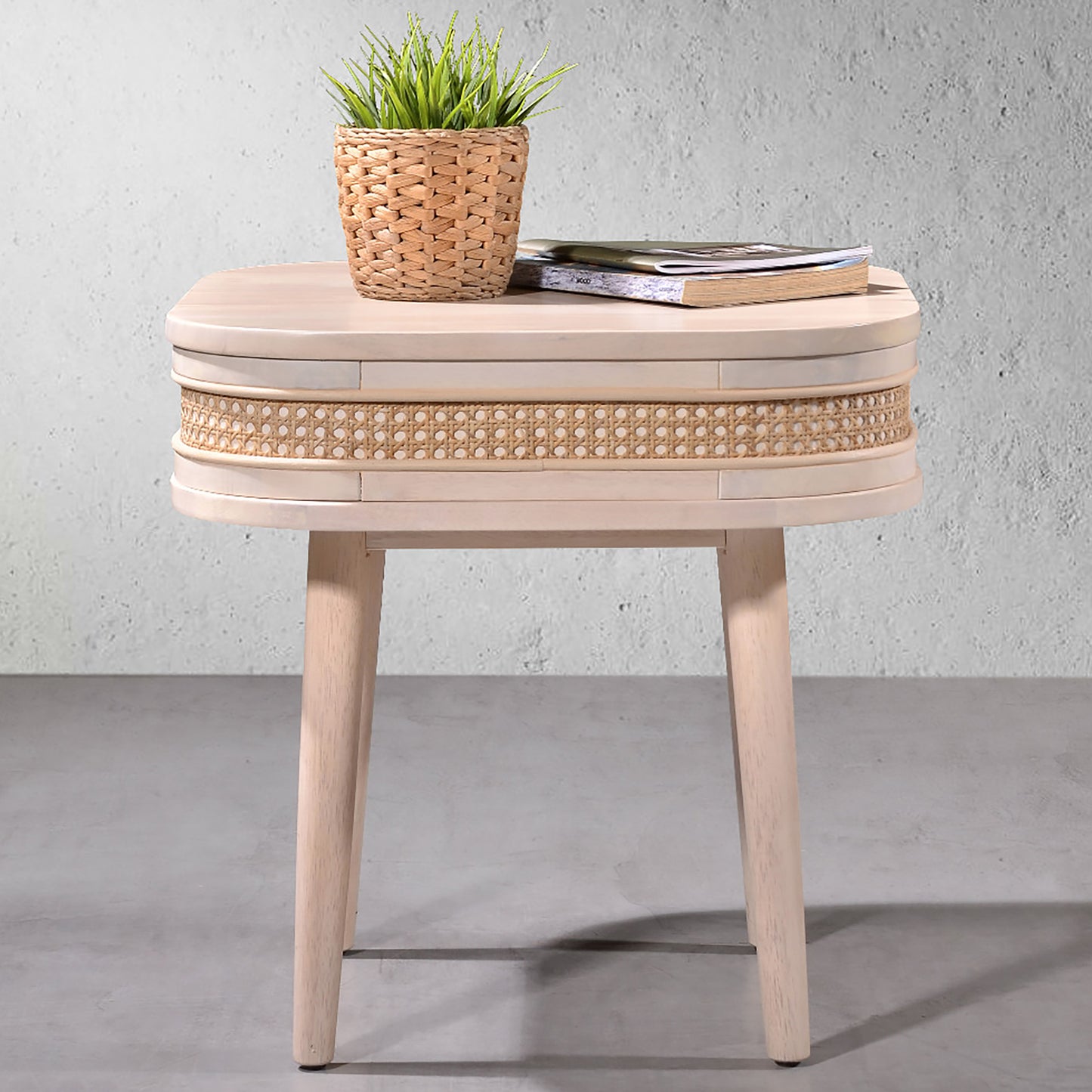 Criterion Jurien End Table 550mm Semi-Assembled, Solid Rubber Wood Construction Rattan and White Chocolate