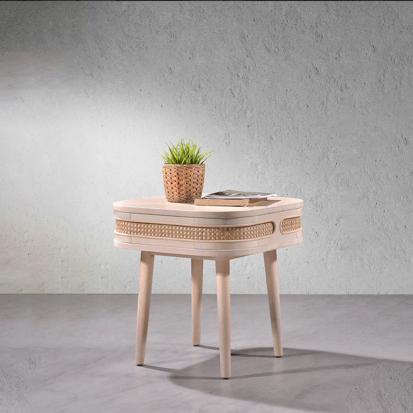 Criterion Jurien End Table 550mm Semi-Assembled, Solid Rubber Wood Construction Rattan and White Chocolate