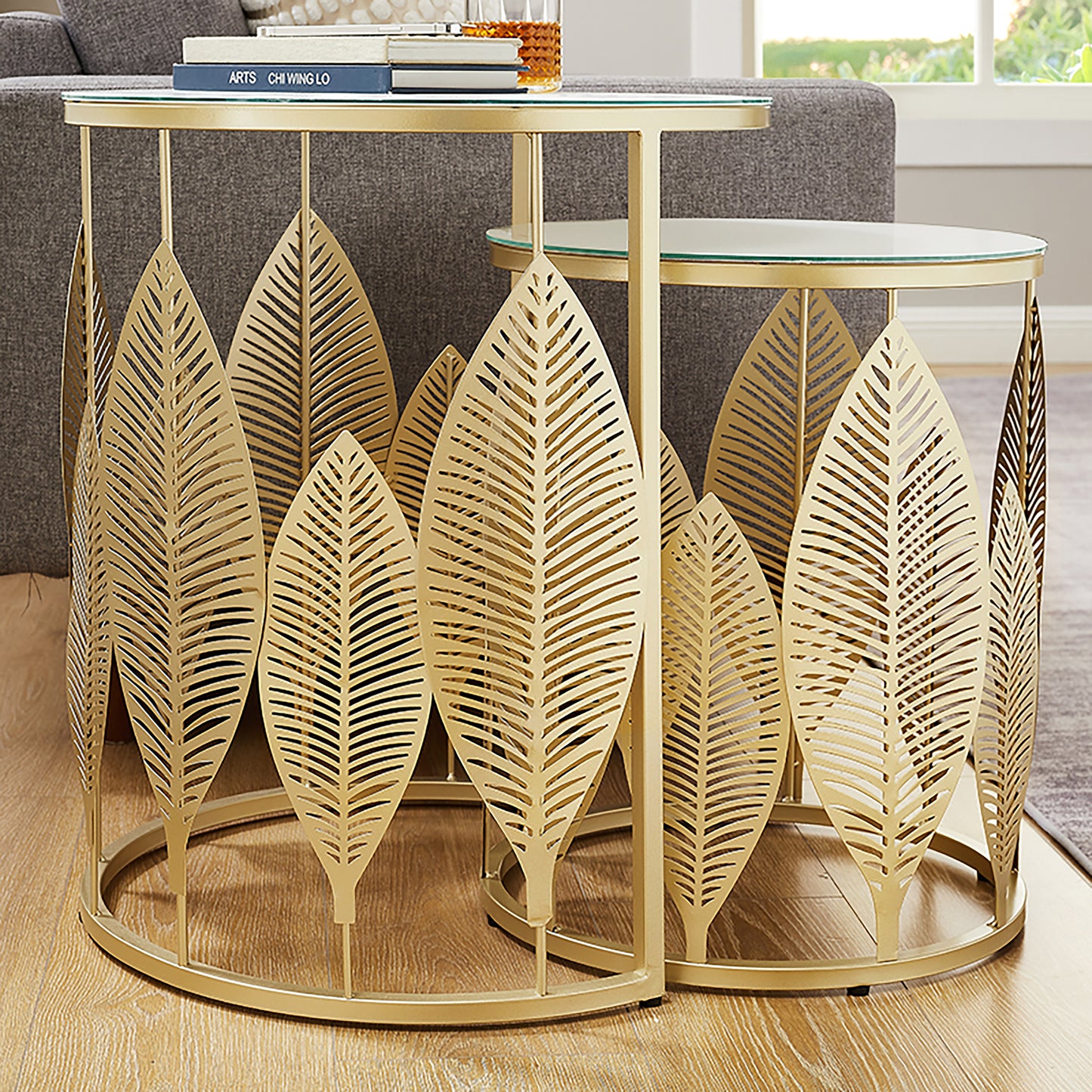 Criterion Leaf Nested Set Coffee Tables 520mm White Glass Top, Metal Frame Gold