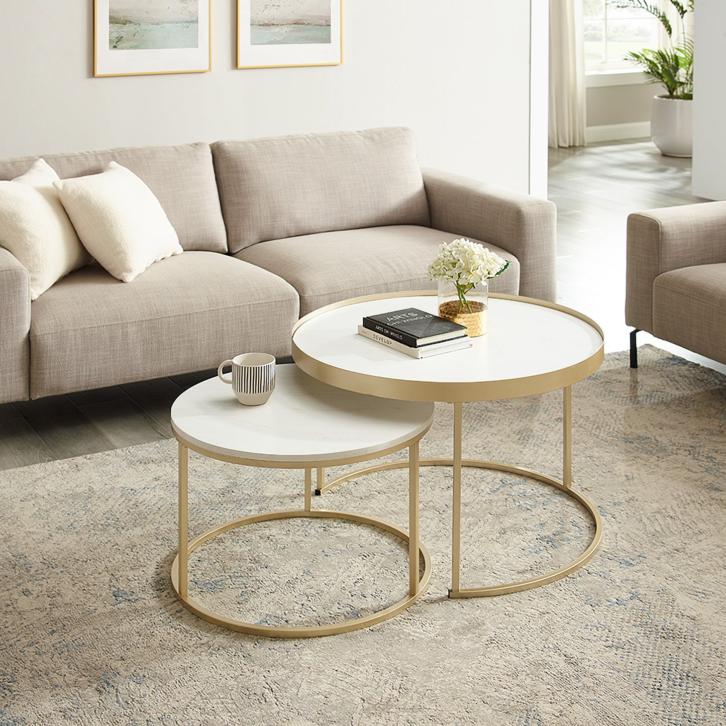 Criterion Nested Set Coffee Tables 760mm Champagne Gold Metal Frame White Marble Look Top