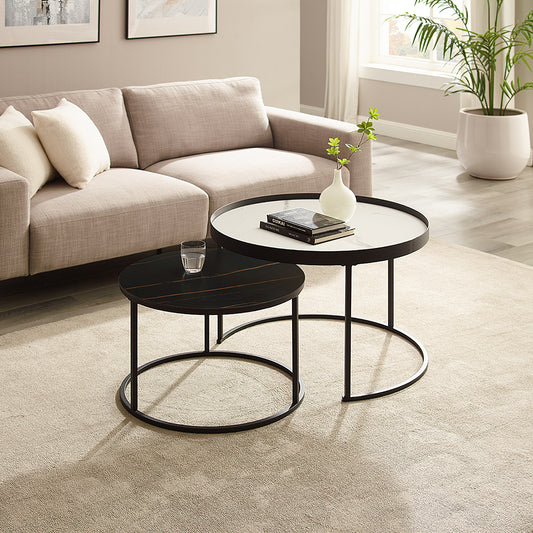 Criterion Nested Set Coffee Tables 760mm Carbon Steel Frame White & Black Sintered Stone Tops